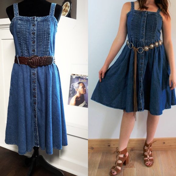 Vintage 90's ✨ Denim Pintuck Button-down Sundress - Picture 2 of 13